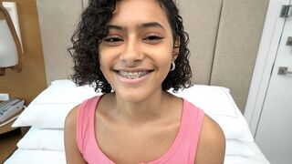 4’ 11”  Puerto Rican with PERFECT TITS & braces sucks meat