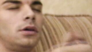 Unshaved young guy tugs raging prick & cums all over the place