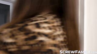 Dark hair buxxom Rita Ebony rides his step grandsons big cock in the living room